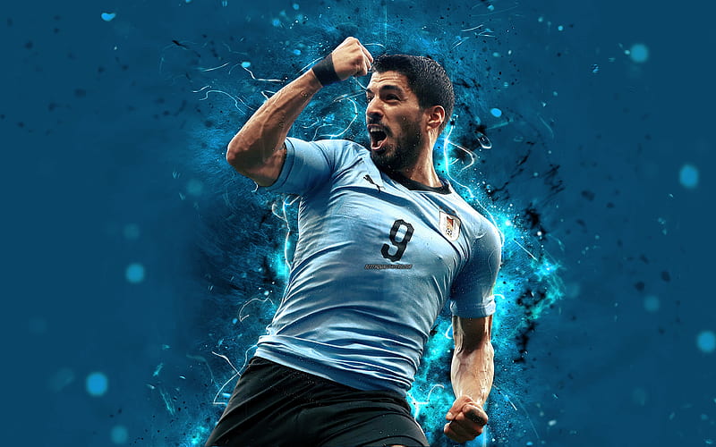 Luis Suarez, abstract art, Uruguay National Team, fan art, Suarez, soccer, footballers, neon lights, Uruguayan football team, HD wallpaper