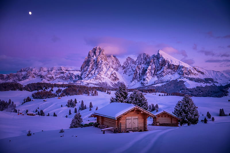 Alpe di Siusi, resort, vacation, chalet, Italy, bonito, sky, ski, winter, mountain, moon, snow, dolomites, night, HD wallpaper