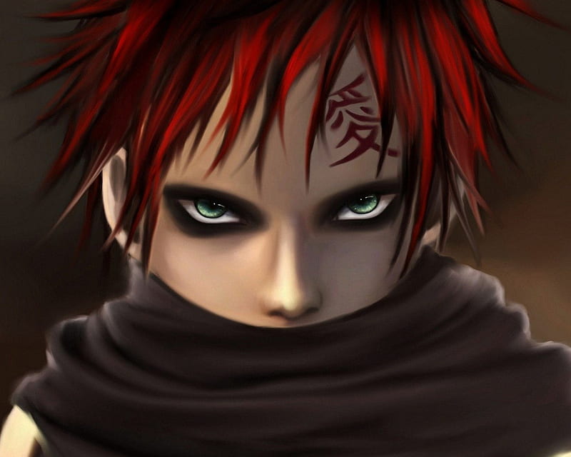 Gaara, naruto, black, red hair, anime boy, angry, boy, anime, dark, scary, scarf, HD wallpaper