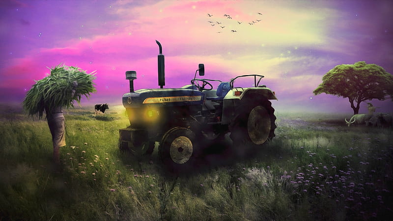 Phenomenal farmer, cow, tractor, creative, phenomenal, tree, fantasy, farmer, bird, pink, HD wallpaper