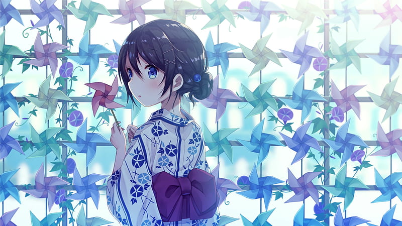 anime girl, kimono, back view, black hair, blue eyes, Anime, HD wallpaper