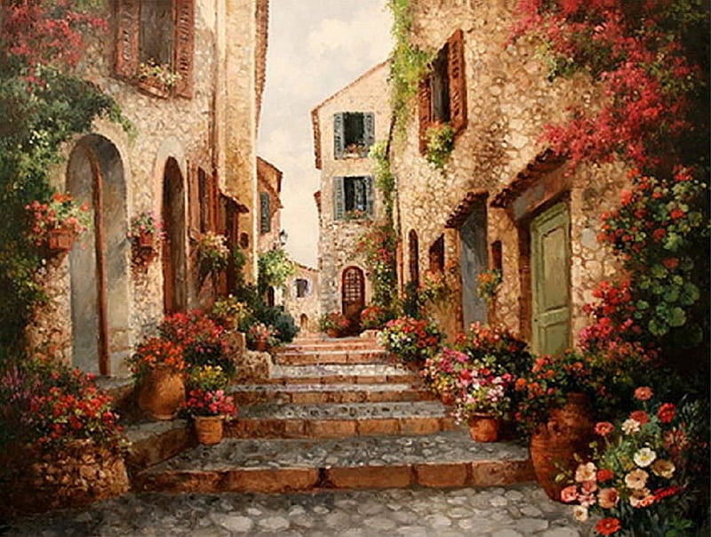 Italian Street, architecture, old town, Italy, painting, street, HD wallpaper