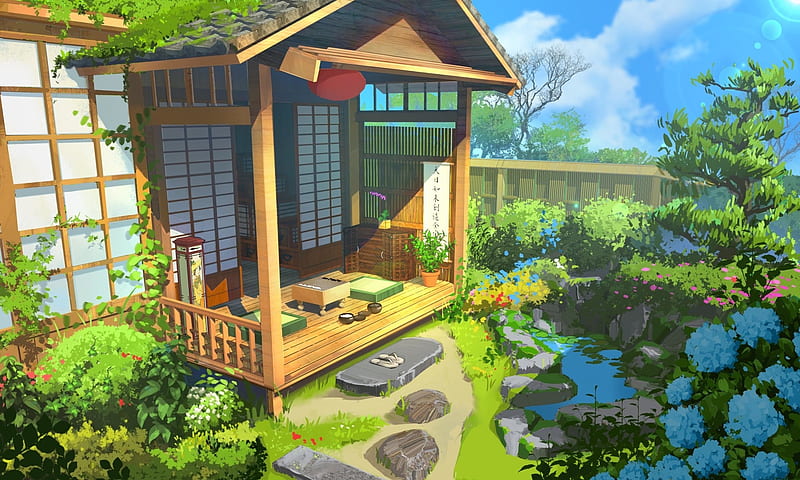 Scenic anime garden with beautiful architecture on Craiyon