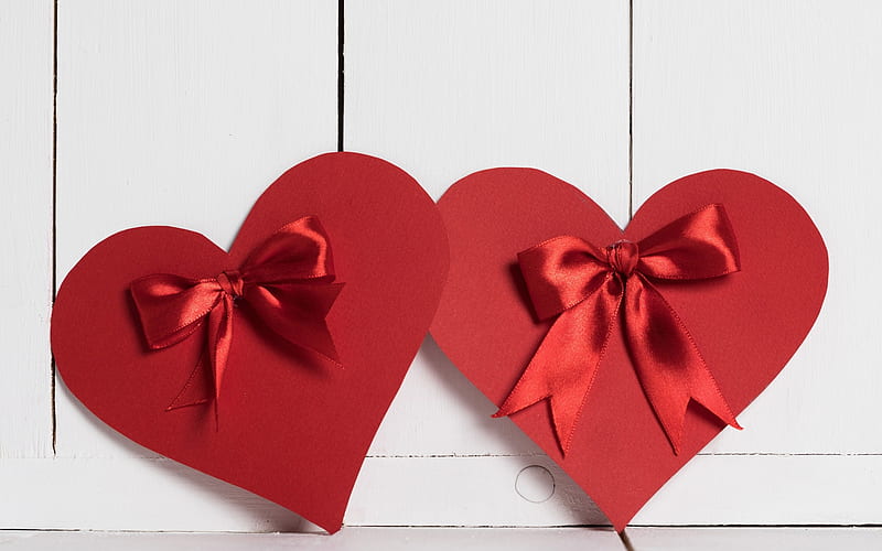Valentine's Day, red hearts, silk ribbons, love concepts, gifts, HD wallpaper