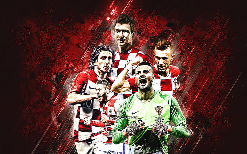 Croatia national football team, red stone background, Croatia, football, Luka Modric, Ivan Perisic, Mario Mandzukic, HD wallpaper
