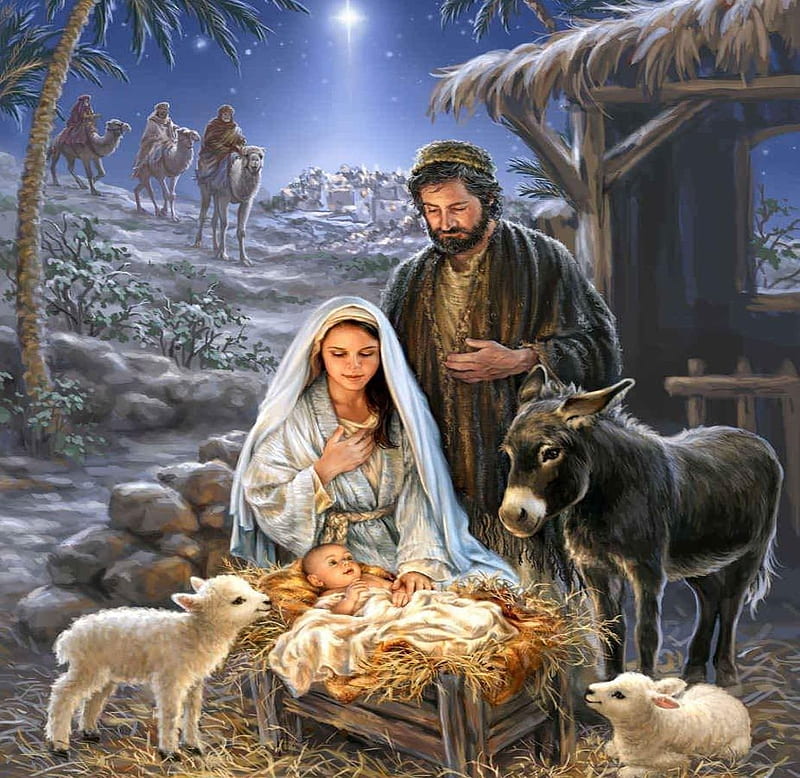 There was a time in Bethlehem...., Christmas, donkey, sheep, jesus, joseph, painting, mary, holy kings, HD wallpaper