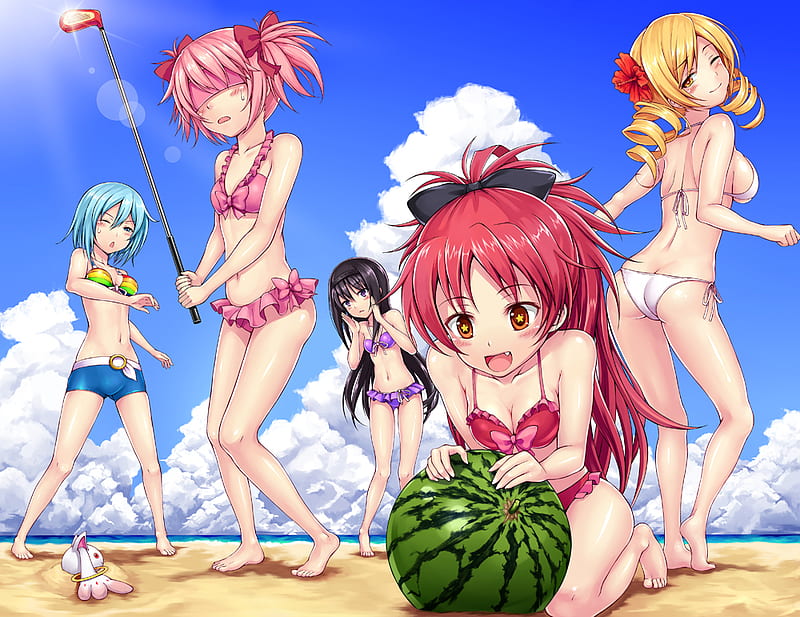 Anime, water melon, beach, golf club, sky, bikini, HD wallpaper