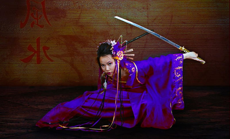 Samurai Girl Art Bonito Woman Graphy Fantasy Girl Samurai Purple Katana Hd Wallpaper 7342