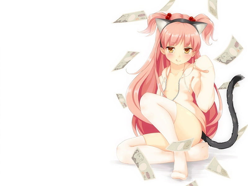 Money Raining On Cute Cat Girl, Cute, girl, falling, raining, cat, Money, cuteCutcute, HD wallpaper