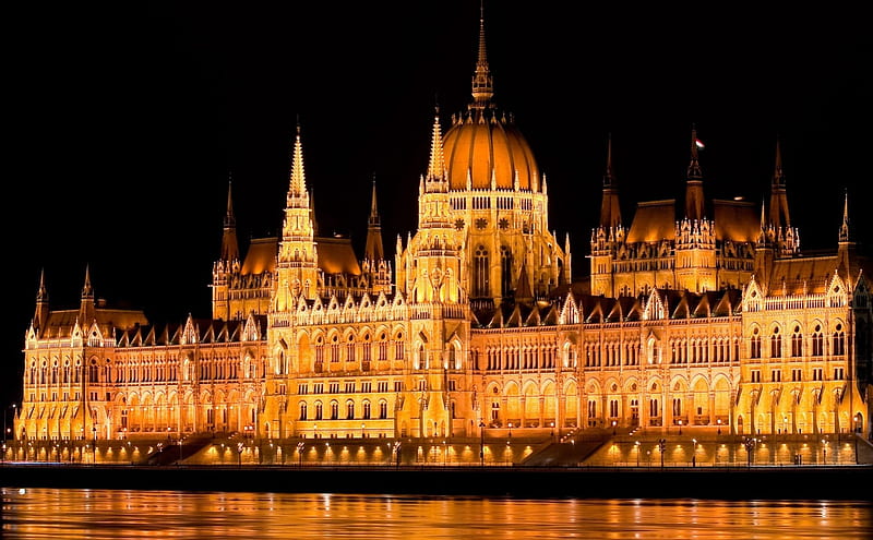 Hungarian Parliament Building, building, water, Hungarian, Parliament, night, HD wallpaper