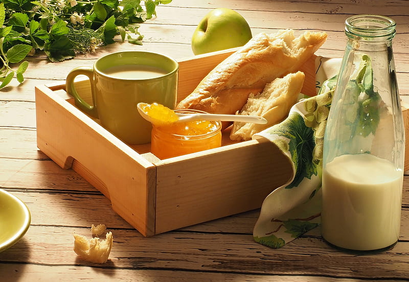 Food, Breakfast, Apple, Bottle, Coffee, Jam, Milk, Still Life, HD wallpaper