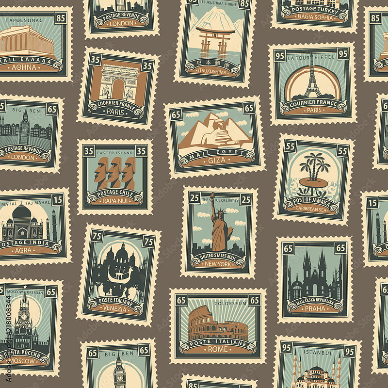 Retro Postage Seamless Background. Vector seamless pattern on the travel theme from different countries with postmarks and stamps in retro style. Can be used as or wrapping paper Stock Vector, HD phone wallpaper