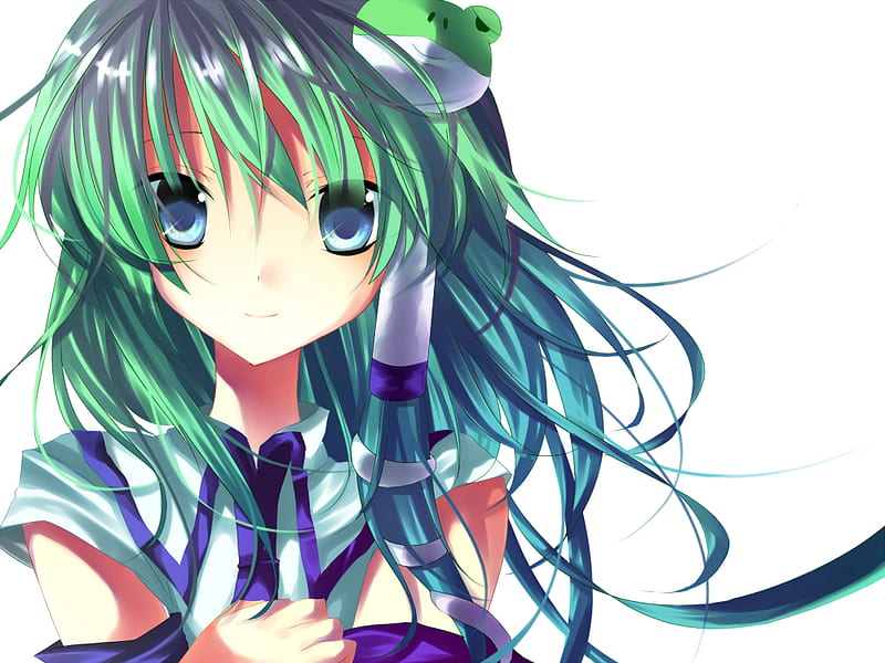 Kochiya Sanae, frog, green, ribbon, bow, white, long hair, HD wallpaper