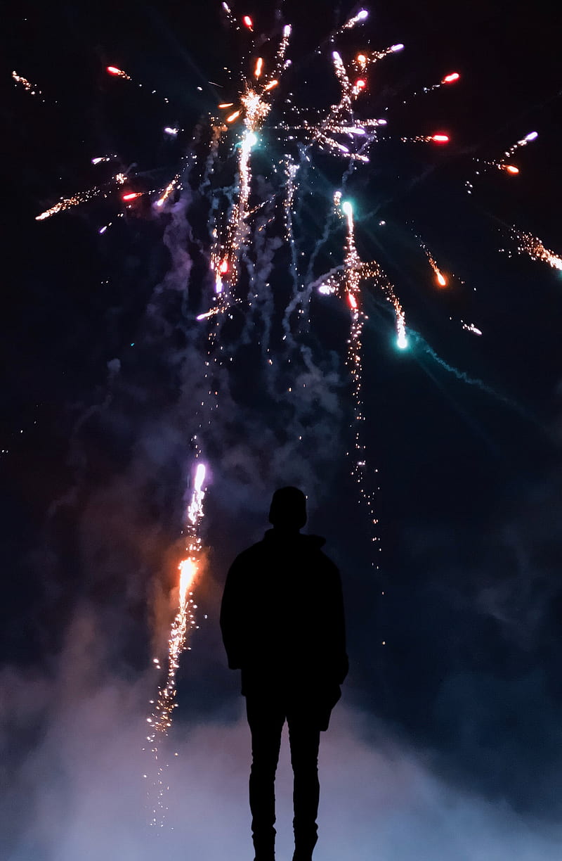 fireworks, silhouette, dark, salute, sparks, colorful, smoke, HD phone wallpaper