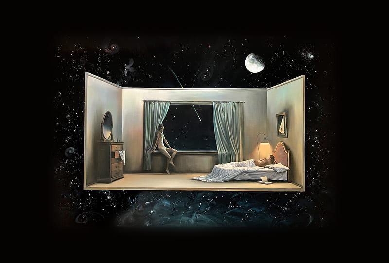 Make a Wish by Vladimir Kush, stars, moon, vladimir kush, galaxy, surreal, HD wallpaper