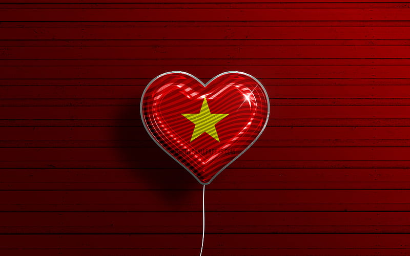 I Love Vietnam realistic balloons, red wooden background, Asian countries, Vietnamese flag heart, favorite countries, flag of Vietnam, balloon with flag, Vietnamese flag, Vietnam, Love Vietnam, HD wallpaper
