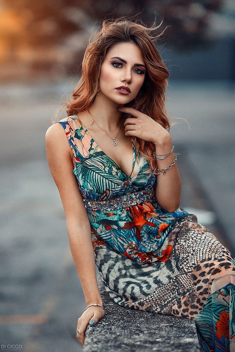 Alessandro Di Cicco, women, Sweet Ary, brunette, long hair, wavy hair, brown eyes, looking at viewer, dress, pattern, flower dress, jewelry, necklace, bracelets, painted nails, blue nails, stone, HD phone wallpaper