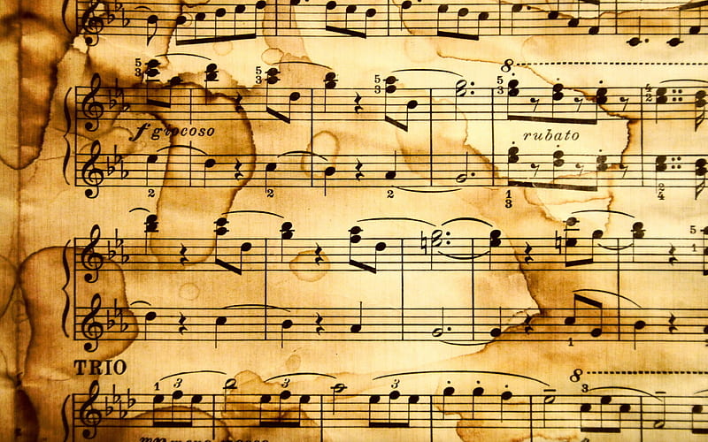 treble clefs patterns, macro, old paper textures, music textures, background with treble clefs, paper textures, HD wallpaper