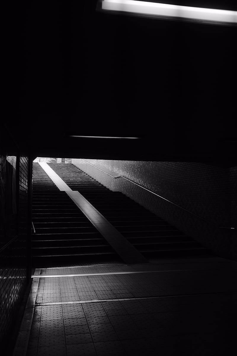 stairs, steps, tunnel, dark, black and white, HD phone wallpaper