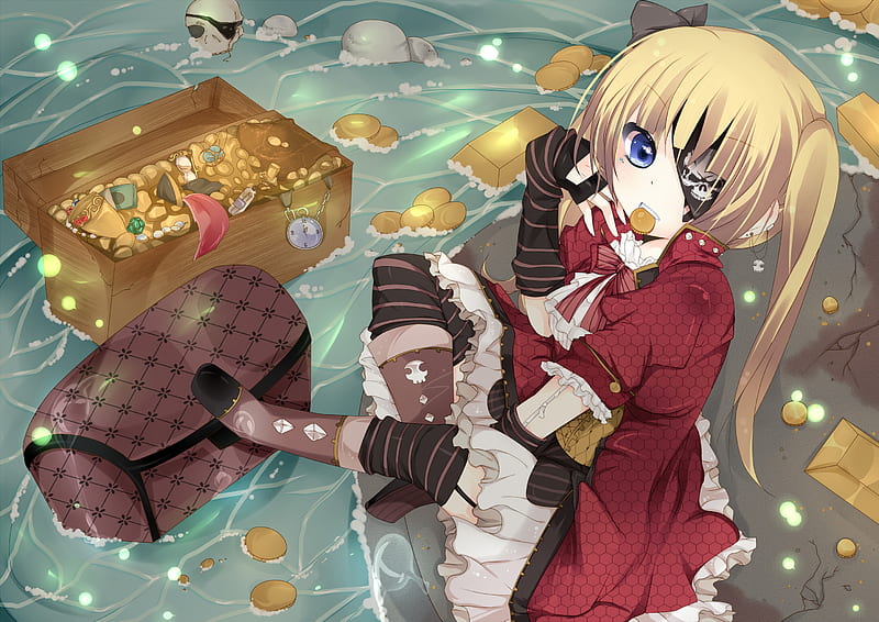 Pirate, stocking, gold, girl, anime, treasure, jewlry, daimonds, HD wallpaper