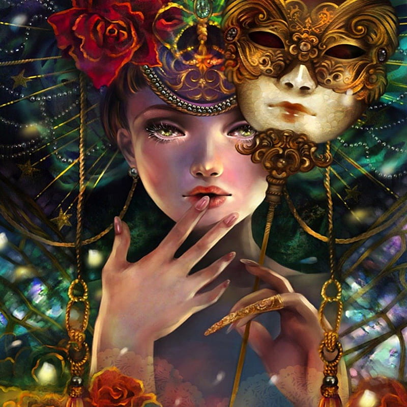 A Brief Glimpse, fantasy, lady, rose, mask, HD wallpaper