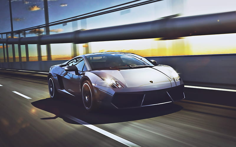 Lamborghini Gallardo, supercars, motion blur, road, gray Gallardo, italian cars, Lamborghini, HD wallpaper