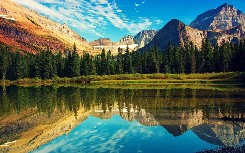 Reflection In Glacier National Park Montana, Forests, Reflection, Lake 