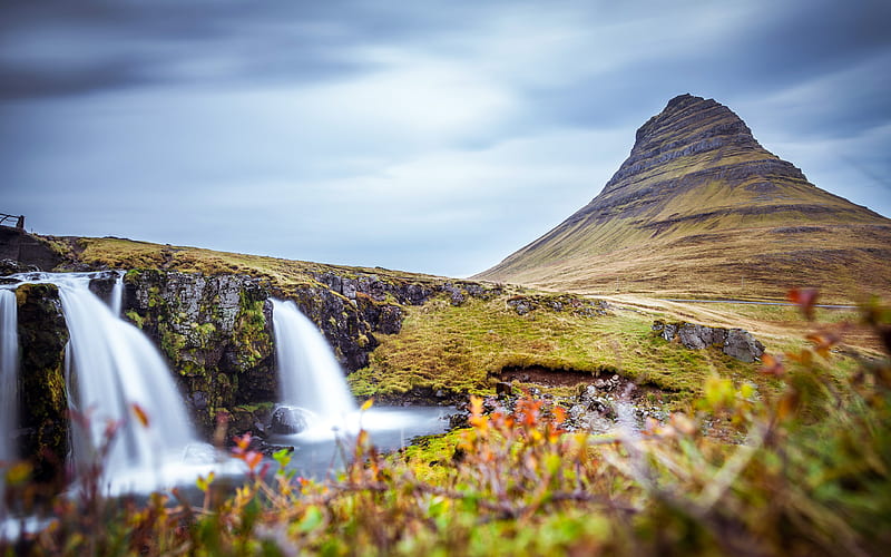 Kirkjufell Mount, waterfalls, Icelandic landmarks, Europe, Abenrot, Iceland, HD wallpaper