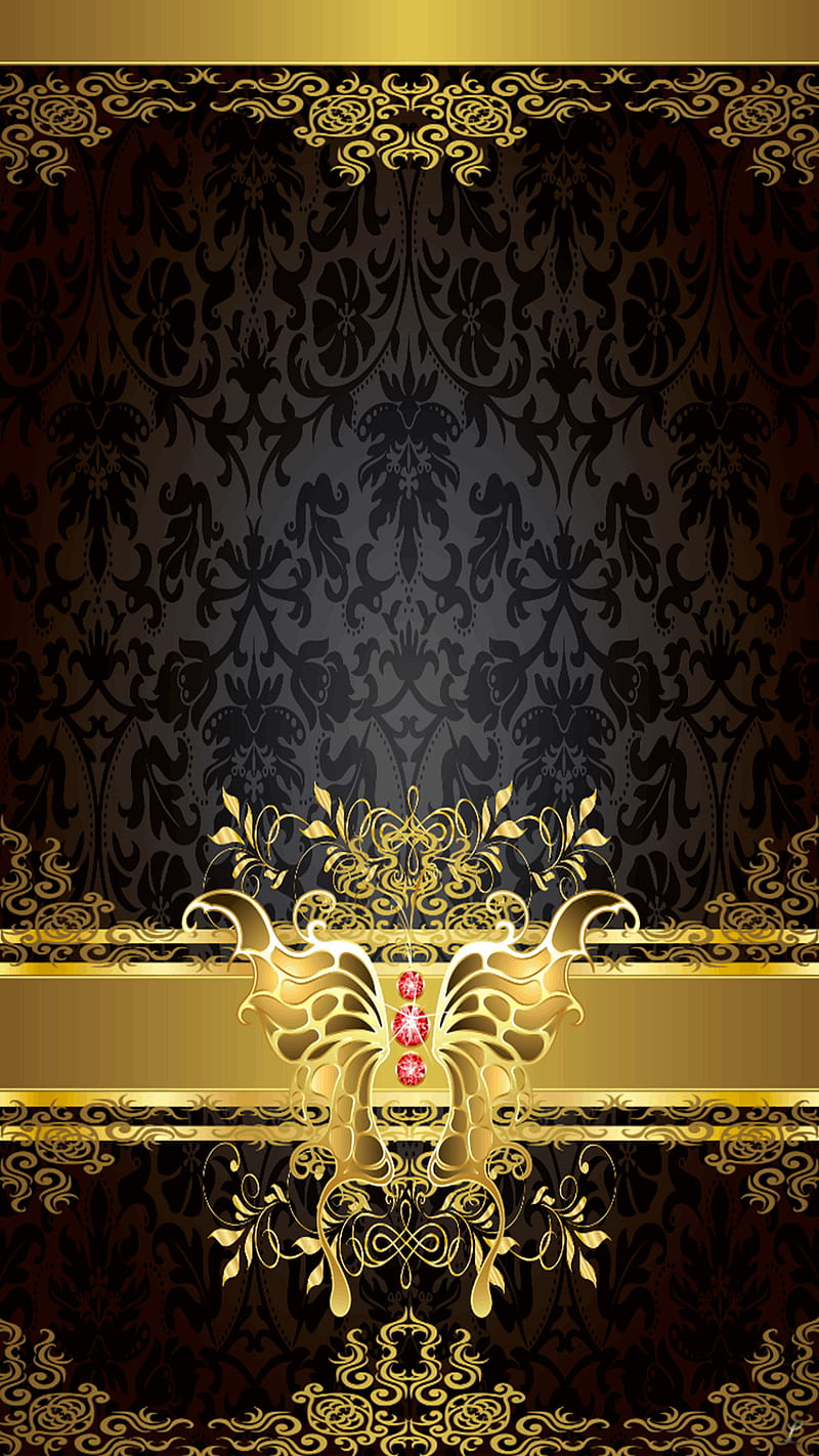 Golden butterfly, black, butterfly, desenho, gold, pattern, HD phone wallpaper