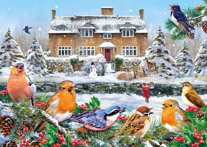 A Winter Song, birds, home, song, singing, puzzle, HD wallpaper