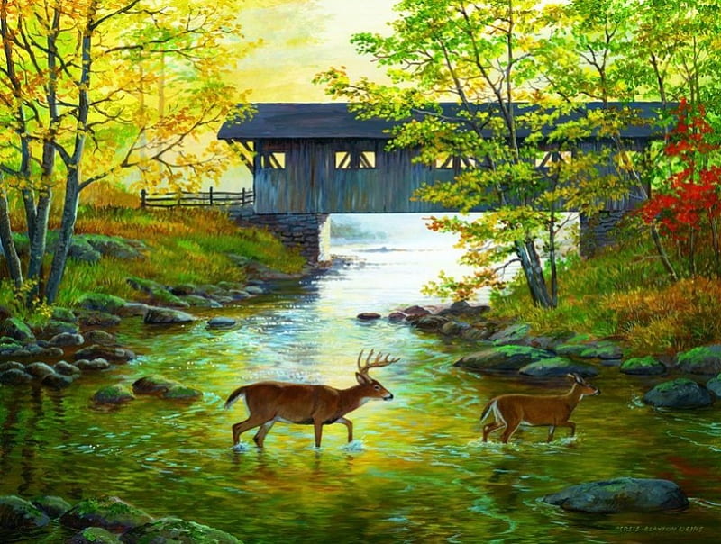 Rock Creek Crossing, forest, water, stones, covered bridge, painting, trees, artwork, deer, HD wallpaper