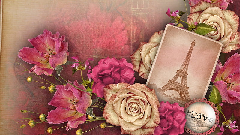 Love in Paris, Eiffel Tower, Paris, love, France, roses, Firefox Persona theme, vintage, post cards, HD wallpaper