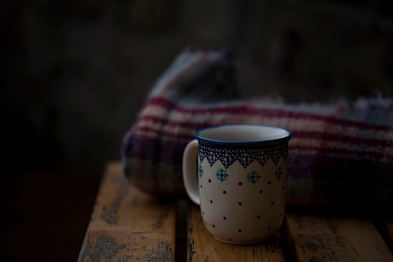 Coffee and a plaid, Dark colors, Coffee, Plaid, Cold, Table, Wood, Cup, HD wallpaper