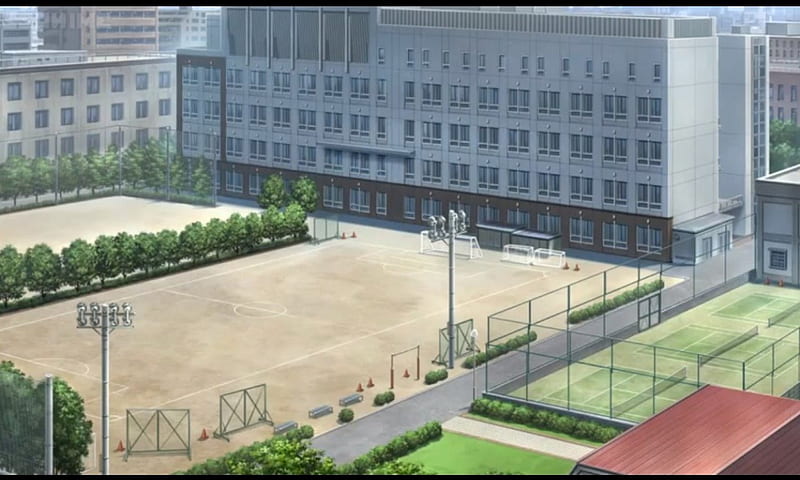 School Ground, fence, pretty, house, scenic, code breaker, bonito, sweet, nice, anime, beauty, scenery, lovely, building, school, court, scene, field, landscape, HD wallpaper