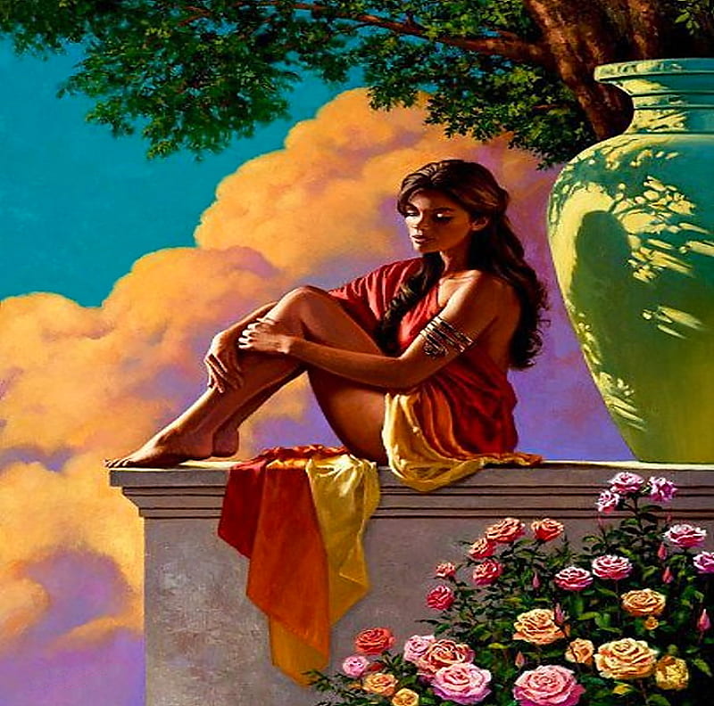 Lady in flower garden, girl, painting, flower, colors, beauty, clouds ...