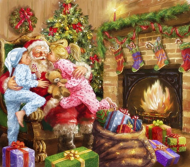 Thanks for Santa, chimney, fire, tree, christmas, painting, children, artwork, gifts, HD wallpaper
