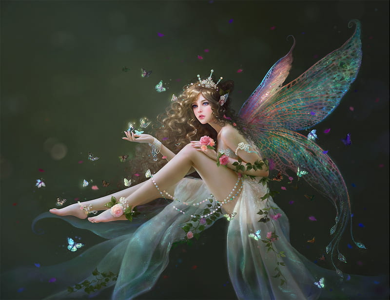 butterfly fairy, flowers, butterflys, rose, colourful wings, tiara, HD wallpaper