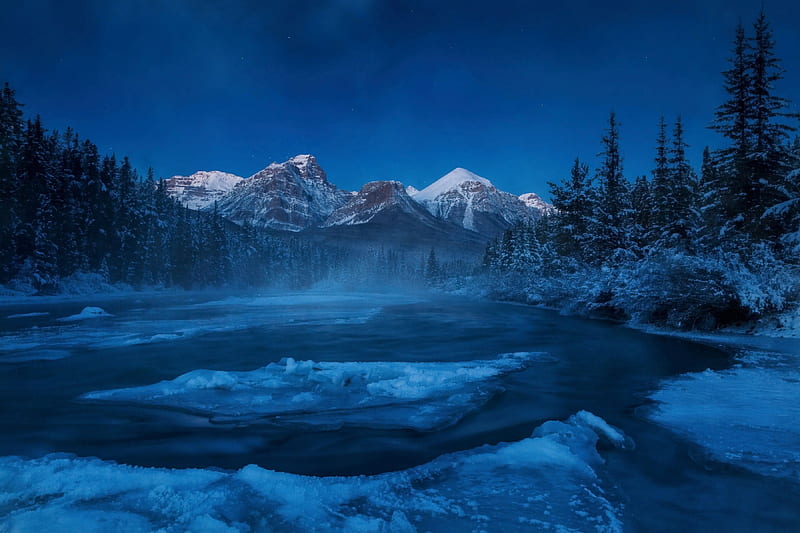 Rocky Mountains in Winter, alberta, snow, river, evening, canada, HD wallpaper