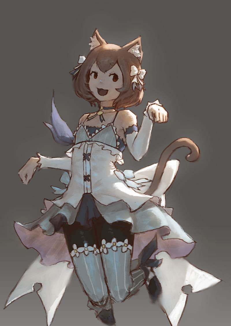 Re:Zero Kara Hajimeru Isekai Seikatsu, 2D, fan art, anime, vertical, anime boys, femboy, transgender, simple background, thighs, short hair, brunette, jumping, nekomimi, cat boy, cat tail, elbow gloves, bare shoulders, detached sleeves, pantyhose, blue heels, hair in face, bangs, Argail Felix, looking away, curvy, traps, HD phone wallpaper