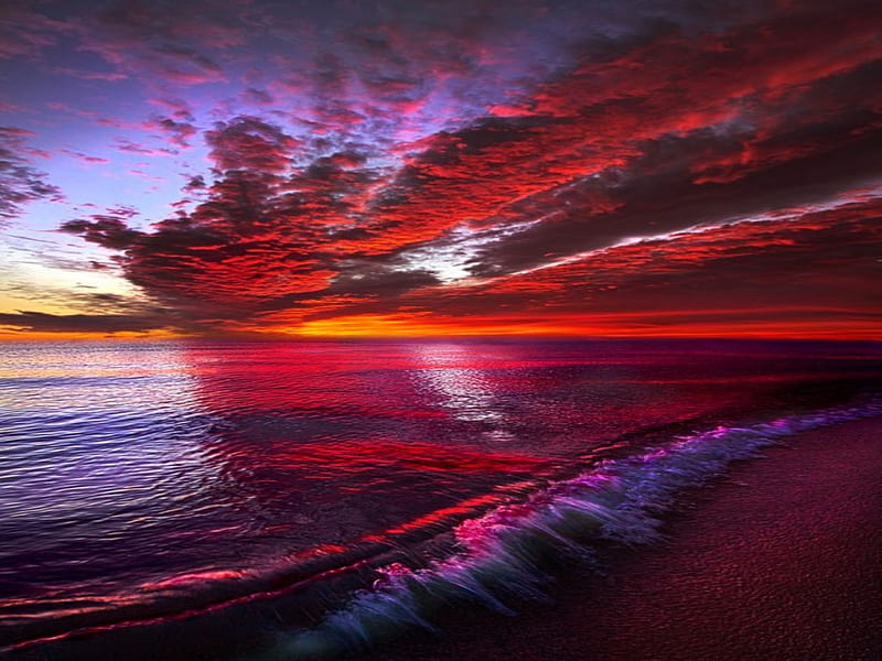 RED SKY RED OCEAN, CLOUDS, REFLECTION, OCEAN, SKY, SUNSET, RED, HD ...