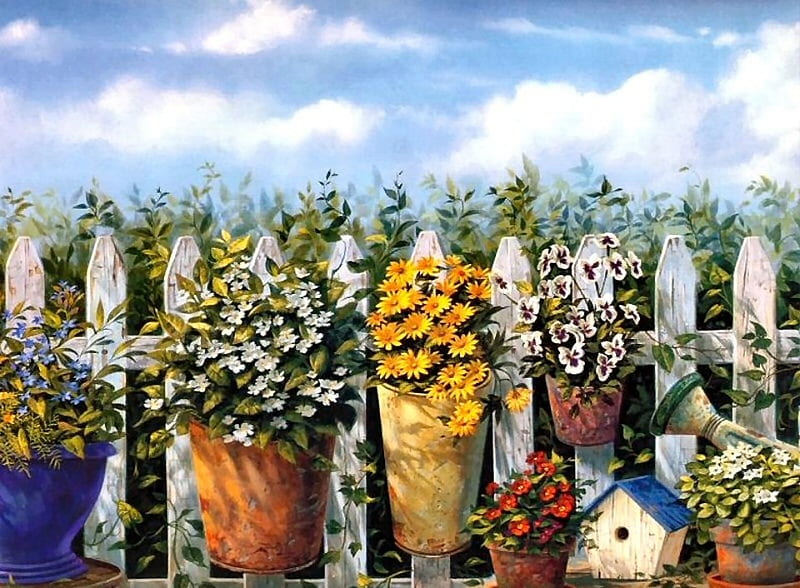 Flower fence, fence, picket, flowers, flowerpot, clouds, birdhouses, sky, field, HD wallpaper