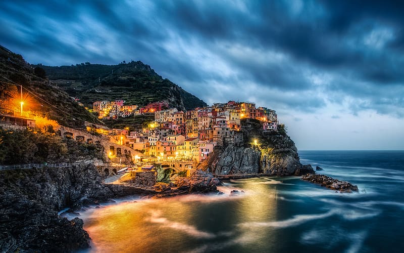 Night, Italy, Cloud, Manarola, Cinque Terre, , Time Lapse, Liguria, Towns, HD wallpaper