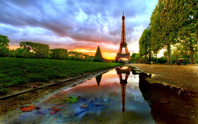 EIFFEL TOWER,PARIS, Tower, autumn, Eiffel, leaves, water, Paris, reflection, HD wallpaper