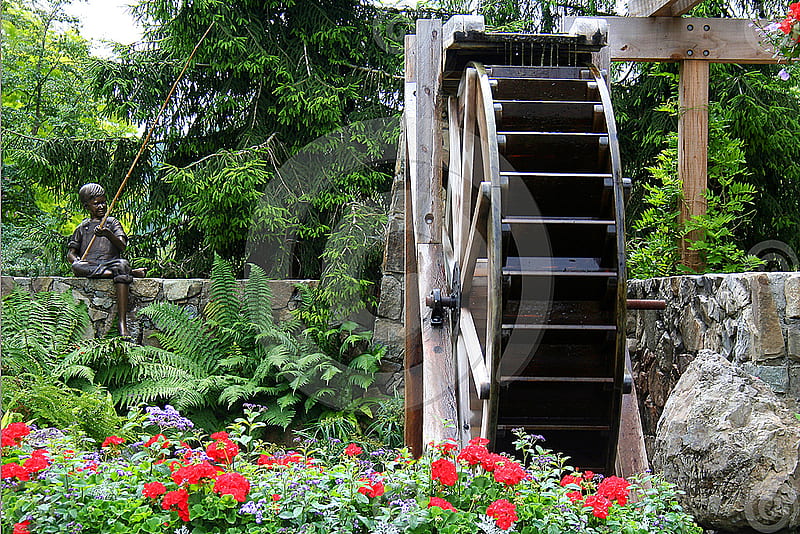 Waterwheel in a Flower Garden, flower, red, garden, waterwheel, HD wallpaper