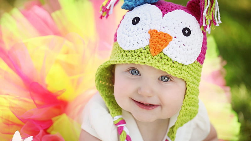 Smiley Cute Baby Is Wearing White Dress With Colorful Wool Knitted Cap In Blur Background Cute, HD wallpaper
