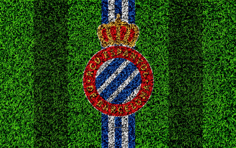 RCD Espanyol logo, football lawn, Espanyol FC, Spanish football club, blue white lines, grass texture, emblem, La Liga, Barcelona, Spain, football, HD wallpaper