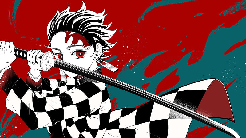 Demon Slayer Tanjirou Kamado Wearing Black And White Checked Dress With Red Eyes Having Sword With Background Of Red And Green Anime, HD wallpaper