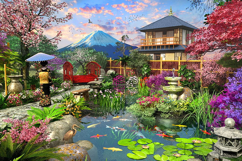 The Wonder of Fuji, umbrella, garden, volcano, house, japanese, artwork, mountain, pond, bridge, girl, painting, flowers, HD wallpaper