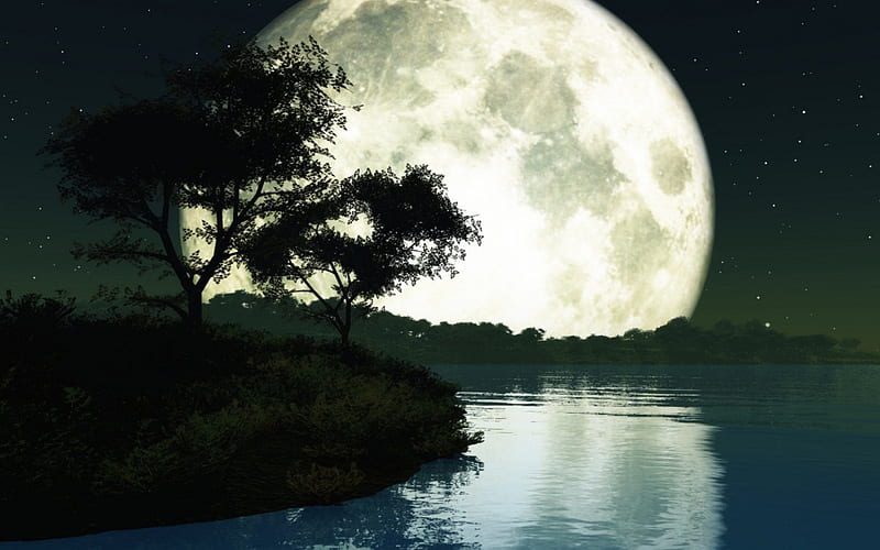 Big moon on lake, lakes, 3d, HD wallpaper