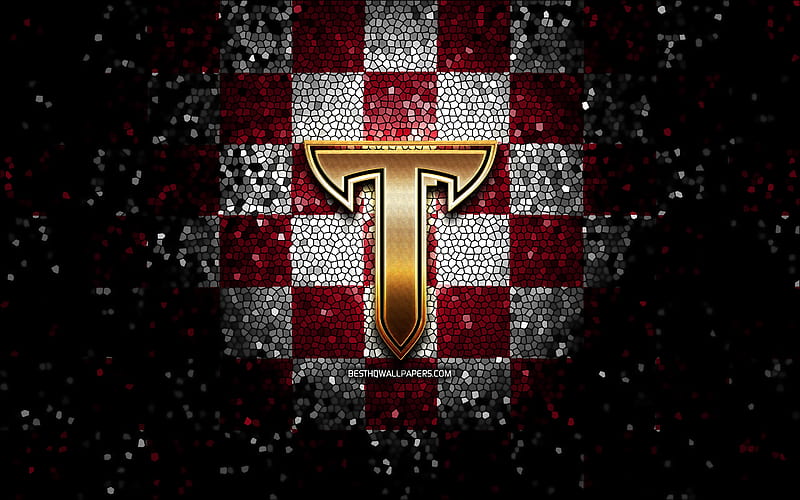 Troy Trojans, glitter logo, NCAA, purple white checkered background, USA, american football team, Troy Trojans logo, mosaic art, american football, America, HD wallpaper